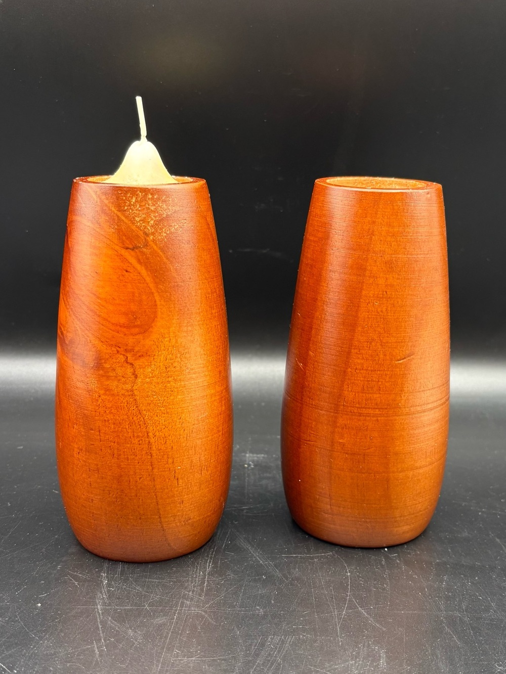 Vintage Candle Holders MCM Turned Wood Taper Pair Cylinder Votive  6” Tall